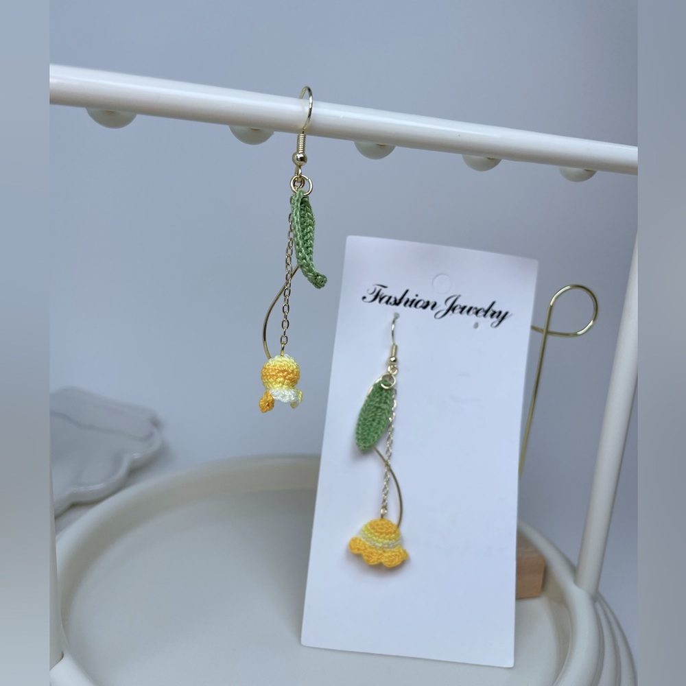 handmade micro crocheted lily of the valley dangle earrings